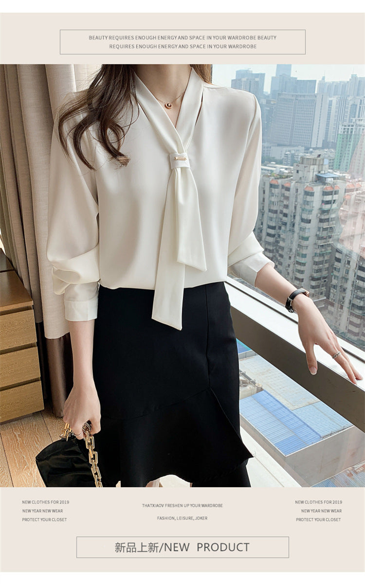 XIWYINSHE Chiffon Shirt Women's Bow Tie  Spring New  Loose Long Sleeve Commuting Elegant V-neck Top