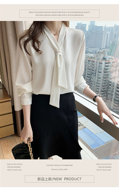 XIWYINSHE Chiffon Shirt Women's Bow Tie  Spring New  Loose Long Sleeve Commuting Elegant V-neck Top