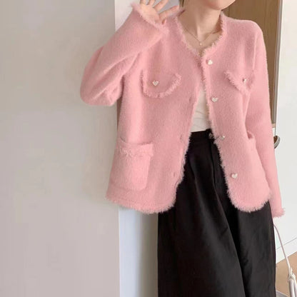 XIEYINSHE Xiaoxiangfeng imitation mink velvet jacket sweater women's autumn and winter New new loose fringed temperament knitted cardigan on