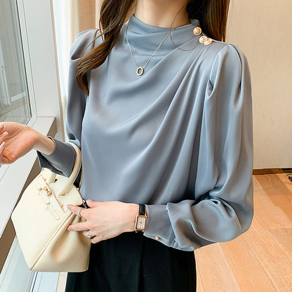 XIWYINSHE Foreign Trade Supply  Spring Young Graceful Stand Collar Pleated Lantern Sleeve Fashion Long Sleeve Top Loose Shirt Women