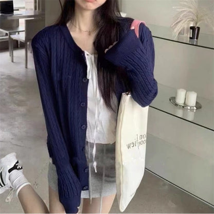 XIEYINSHE Simple wind crew neck sweater jacket women's autumn casual loose retro loose twist lazy wind knitted sweater top