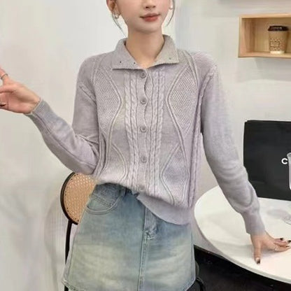 XIEYINSHE Design lapel sweater cardigan jacket women's autumn and winter new retro loose and thin niche knitted top