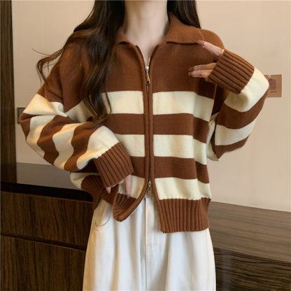 XIEYINSHE Striped knitted cardigan women's spring and autumn  lapel top loose lazy wind double zipper winter sweater versatile outside