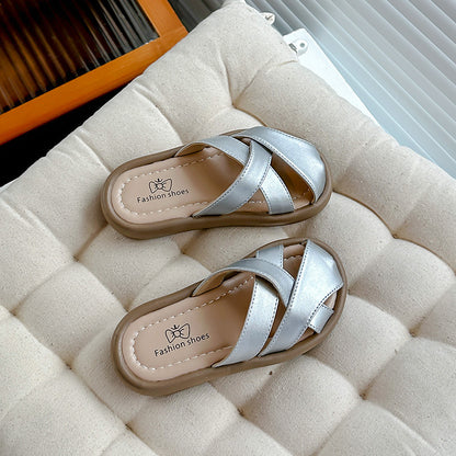 Girls Closed-Toe Slippers  Summer New Children's Sandals Girls Silver Classic Style Outerwear Flat Beach Shoes