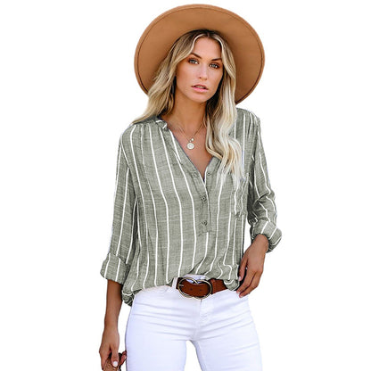 XIWYINSHE Shiying Autumn New V-neck Women's Striped Shirt European and American Foreign Trade All-Match Loose Single-Breasted Long Sleeve Top for Women