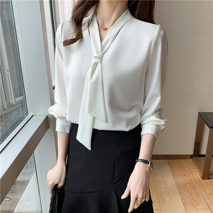 XIWYINSHE Chiffon Shirt Women's Bow Tie  Spring New  Loose Long Sleeve Commuting Elegant V-neck Top