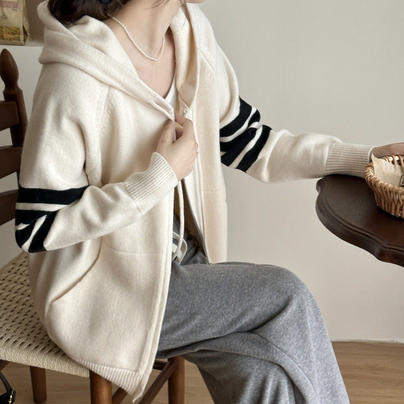 XIEYINSHE Striped hooded long-sleeved sweater cardigan Korean version loose zipper sweater jacket temperament casual outer wear knitted sweater women