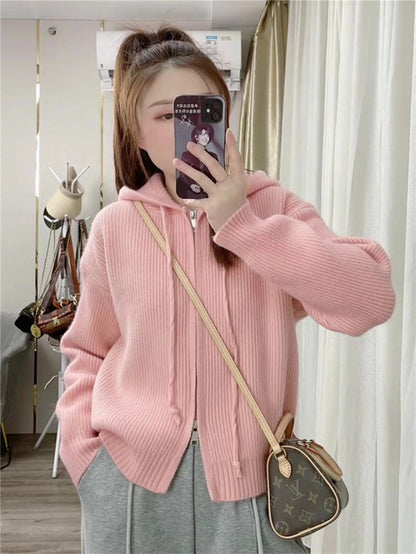 XIEYINSHE Hooded double zipper knitted cardigan autumn and winter new lazy style solid color top women's loose version thickened sweater jacket