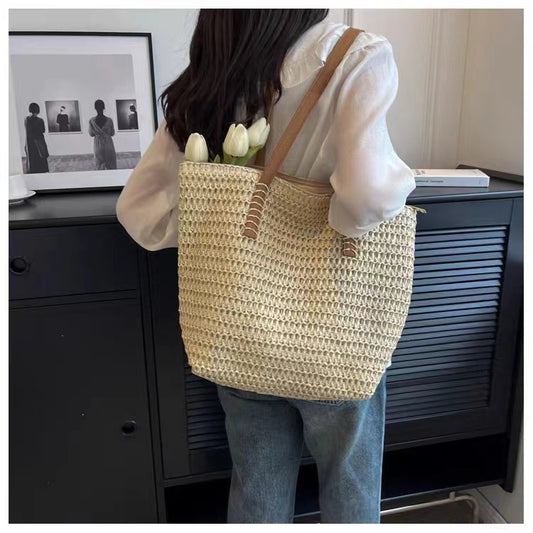 XIEYINSHE In Stock Simple Shoulder Large Capacity Straw Bag Women's Summer Versatile Straw Bag Woven Bag Seaside Vacation Beach Bag