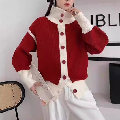 XIEYINSHE New Spring and Autumn Korean Contrast Color Turtleneck Women's Loose Soft Waxy Lazy Stripe Knitted Cardigan Jacket Top