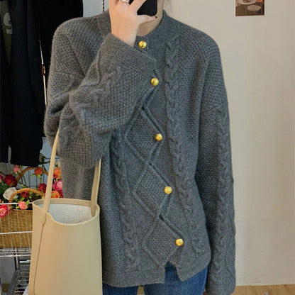 XIEYINSHE Lazy wind irregular twist light luxury Korean retro cardigan sweater women's spring new foreign style top knitted sweater