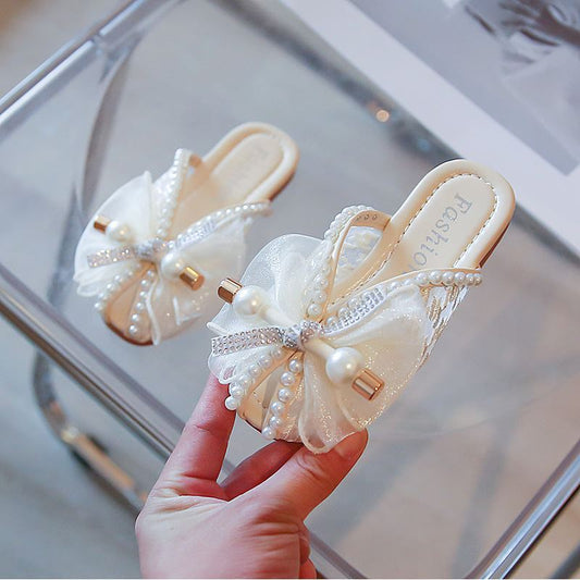 Summer New Sandals Girls' Lace Breathable Outer Wear Half Slippers Street Fashion TikTok Soft Bottom Korean Princess Shoes