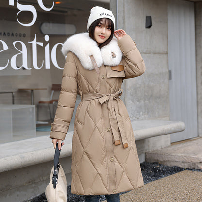 European and American white fur collar down cotton clothes women's winter 2023 new thin fashion medium and long knee waist coat coat