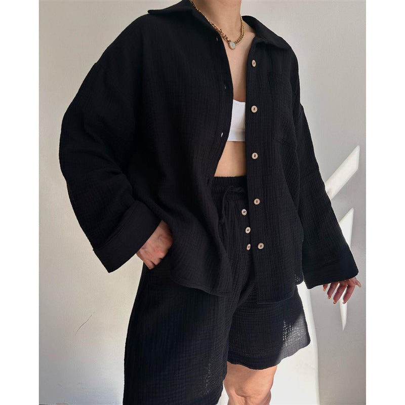 XIWYINSHE Shuyao  European and American Women's Clothing Champray Lapel Long Sleeve Shirt High Waist Drawstring Shorts Fashion Casual Two-Piece Suit