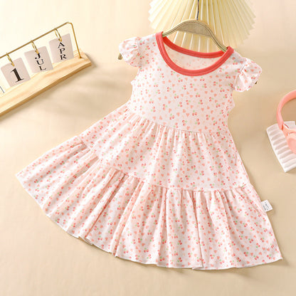 Summer New Children's Princess Dress Baby Girl Printed Cartoon Dress Baby Girl Fashionable Floral Ice Silk Skirt