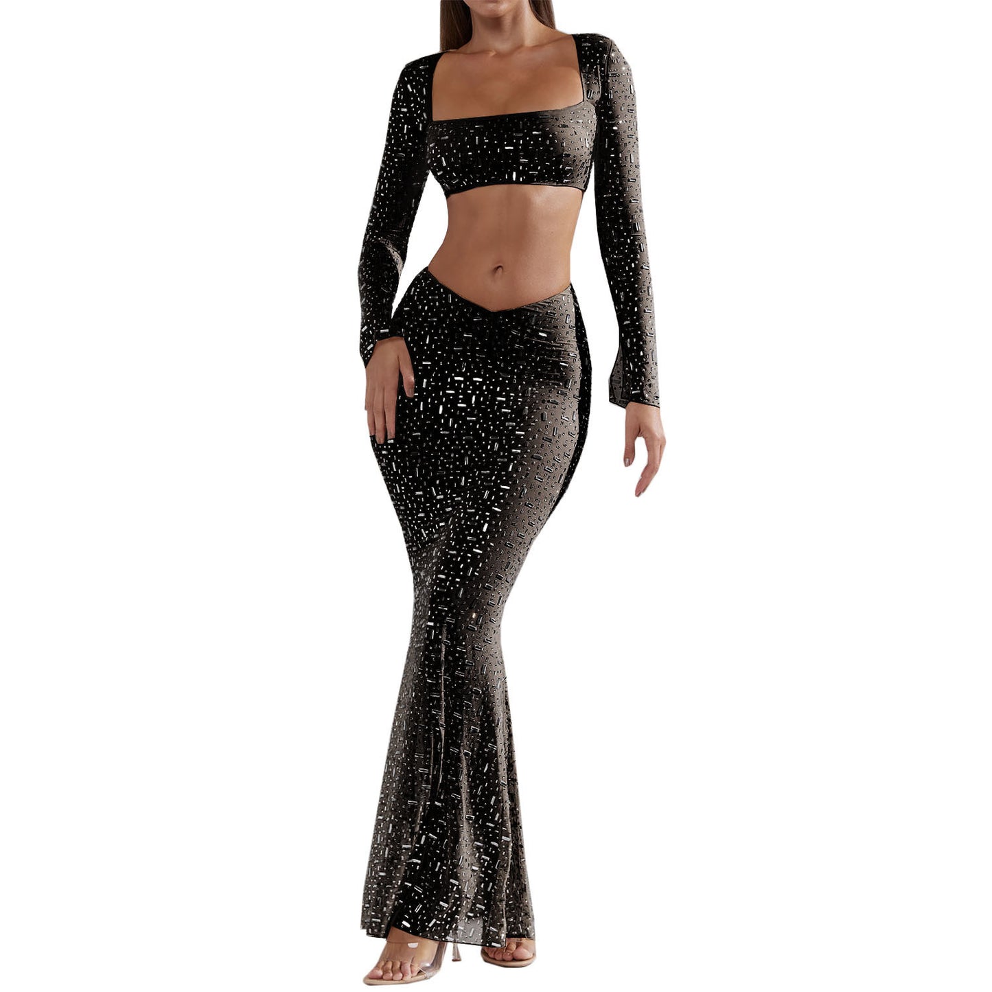 2024   Hot Selling Women's Wear Long Dress Sexy Rhinestone Top Fishtail Skirt Dress Suit