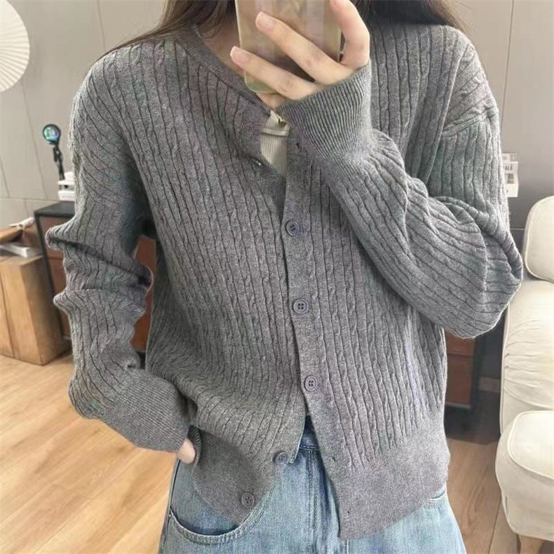 XIEYINSHE Simple wind crew neck sweater jacket women's autumn casual loose retro loose twist lazy wind knitted sweater top