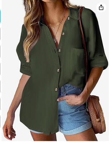 XIWYINSHE New Women's Cotton Button-down Shirt Casual Long Sleeve Loose Collar Linen Work Shirt Top with Mouth