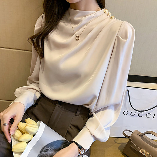 XIWYINSHE Foreign Trade Supply  Spring Young Graceful Stand Collar Pleated Lantern Sleeve Fashion Long Sleeve Top Loose Shirt Women