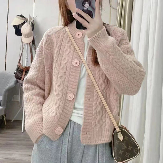 XIEYINSHE Autumn and winter new round neck solid color design sense knitted top trendy sweater jacket cardigan women loose wear lazy style