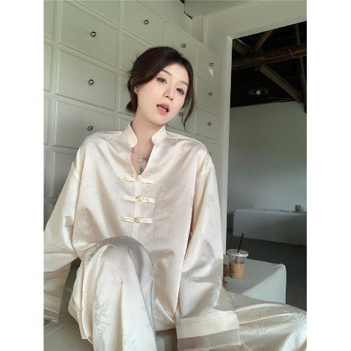 XIWYINSHE Cross-Border New Chinese Style Chinese Style Suit Mid-Length Chinese Knot Button Shirt Women's Summer Jacquard Wide-Leg Pants Two-Piece Suit