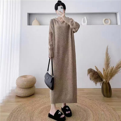 XIEYINSHE 2025Lazy hooded knitted dress women's popular autumn and winter new loose and thin outer with medium and long sweater women's coat