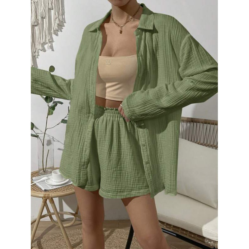 XIWYINSHE Cross-Border  European and American Women's Clothing Spring/Summer Fashion Solid Color Long Sleeve Shirt Outfit Women's Casual Loose Shorts Two-Piece Set