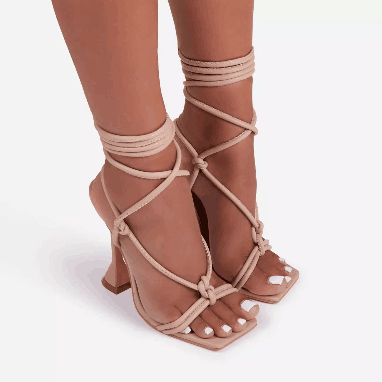 Summer plus Size Sandals Female Square Toe Solid Color Ankle Ring Bandage Cloth European and American Sexy Fashion High Heels