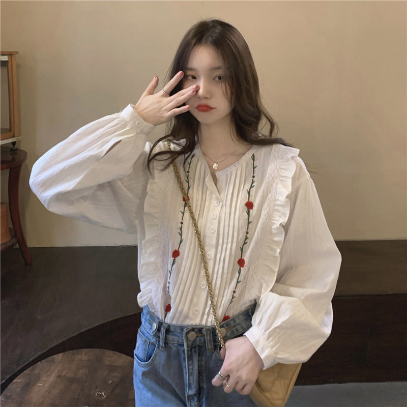 XIWYINSHE Wooden Ear Embroidered Shirt Autumn  New Design Sense  Minority Loose Outer Wear Shirt Women's Shirt Fashion