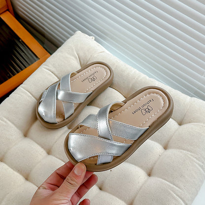 Girls Closed-Toe Slippers  Summer New Children's Sandals Girls Silver Classic Style Outerwear Flat Beach Shoes