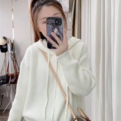 XIEYINSHE Hooded double zipper knitted cardigan autumn and winter new lazy style solid color top women's loose version thickened sweater jacket