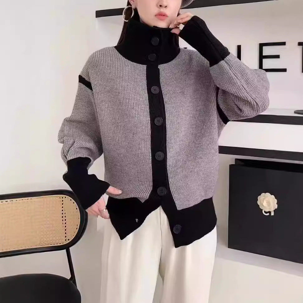 XIEYINSHE New Spring and Autumn Korean Contrast Color Turtleneck Women's Loose Soft Waxy Lazy Stripe Knitted Cardigan Jacket Top