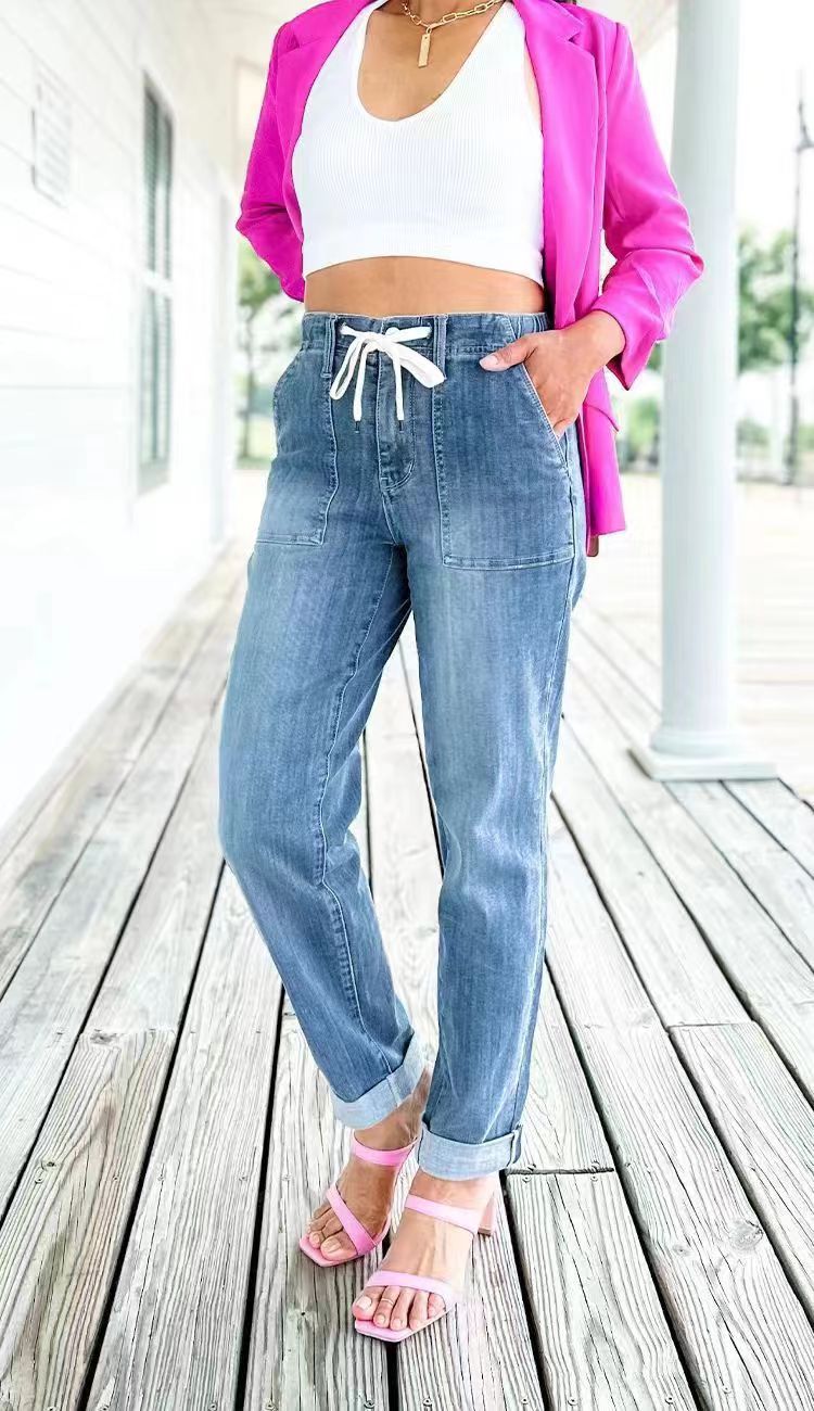 2023  Spring and Autumn Jeans Women's Loose Harem Pants Elastic Waist All-Match Casual Straight Pants