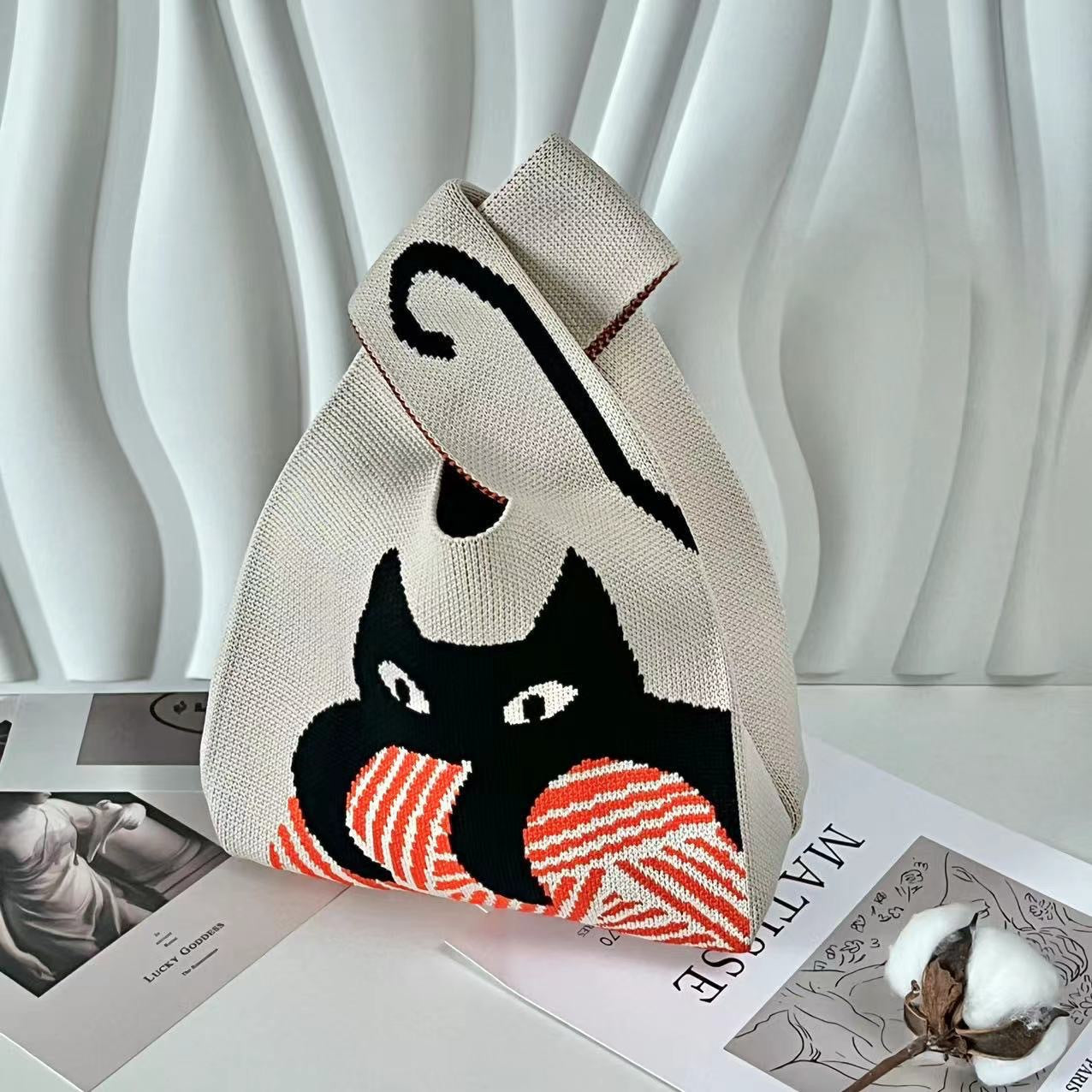 XIEYINSHE INS Internet-Famous Tote Women's Knitted Wool Bucket Bag Japanese and Korean Style All-Match Hand Carrying Casual Tote Bag Box Lunch Bag