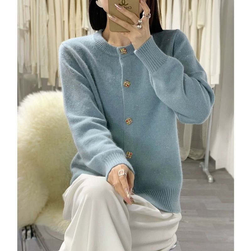 XIEYINSHE Fashion knitted cardigan sweater jacket women's autumn and winter new foreign style Korean version crew neck long sleeve knitted loose top