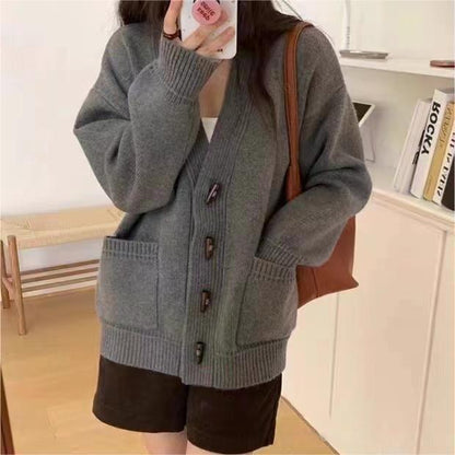 XIEYINSHE Korean version V-neck horn buckle knitted cardigan top New autumn and winter new soft waxy loose outer sweater women's coat