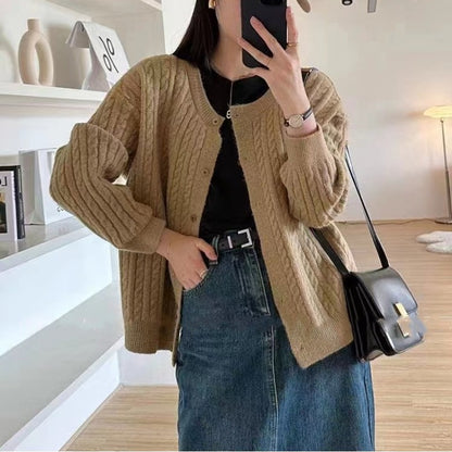 XIEYINSHE Simple wind crew neck sweater jacket women's autumn casual loose retro loose twist lazy wind knitted sweater top