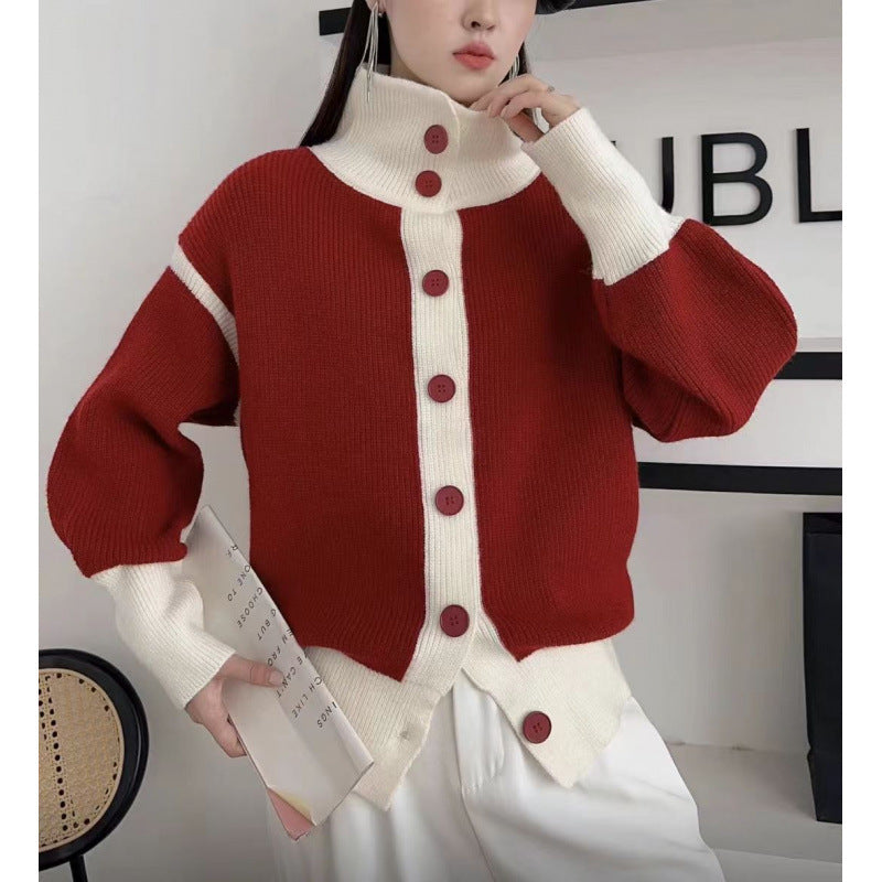 XIEYINSHE New Spring and Autumn Korean Contrast Color Turtleneck Women's Loose Soft Waxy Lazy Stripe Knitted Cardigan Jacket Top