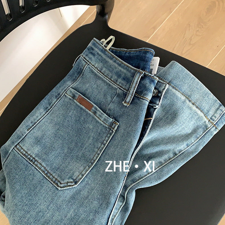 Zhe Yi High Waist Jeans for Women Spring and Summer New Washed Retro Pocket Stretchy Wide-Leg Jeans Trousers for Women K073