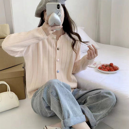 XIEYINSHE Autumn and winter solid color small fresh round neck color buckle cardigan New new simple versatile knitted sweater jacket top