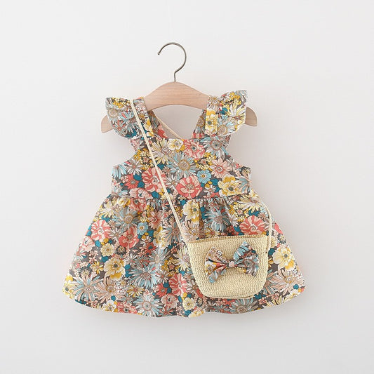 XIEYINSHE 1464 Summer New Baby Girl Printed Flounced Sleeve Dress Princess Dress Free Bag Small Children's Clothing Consignment