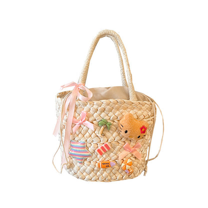 XIEYINSHE Straw Bag Bag Women's Summer Woven Bag Women's Seaside Drawstring Hand-Carrying Bag Korean Style Versatile Vegetable Basket Bag