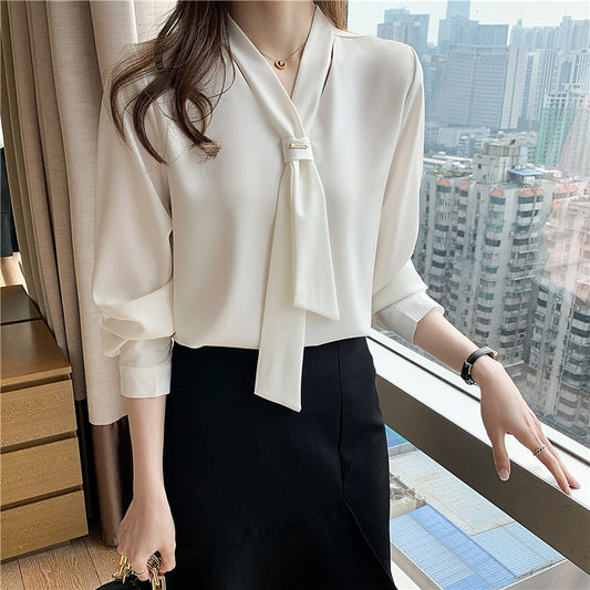XIWYINSHE Chiffon Shirt Women's Bow Tie  Spring New  Loose Long Sleeve Commuting Elegant V-neck Top