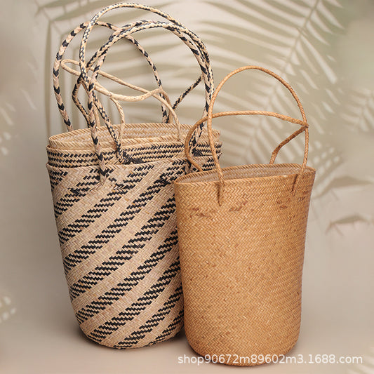 XIEYINSHE INS Bali Fashion Straw Bag Bucket Type Handmade Retro Totem Natural Hand-Woven Bag One-Shoulder Portable