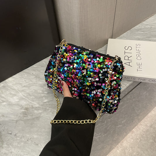 XIEYINSHE Personalized Sequin Pouch Women's  New Niche Texture Shoulder Messenger Bag Simple Graceful Chain Small Square Bag