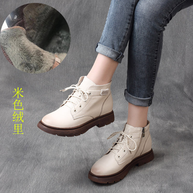 Autumn and Winter New Mori Girl Handsome Retro Cowhide Lace-up Flat-Heeled British Style Ankle Boots Knight Boots Martin Boots