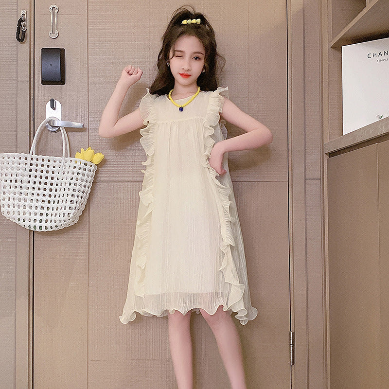 XIEYINSHE Girls Dress  Summer New Style Western Style Medium and Big Children Temperament Fairy Skirt Girls Ruffled Princess Dress Fashion