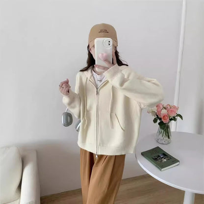 XIEYINSHE Autumn and winter new solid color hooded pocket knitted cardigan jacket double zipper casual lazy wind sweater top women