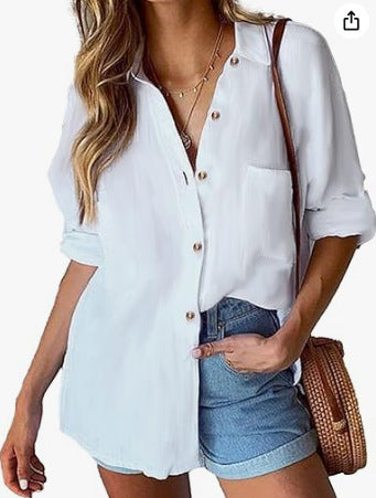 XIWYINSHE New Women's Cotton Button-down Shirt Casual Long Sleeve Loose Collar Linen Work Shirt Top with Mouth