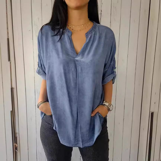 XIWYINSHE Cross-Border Foreign Trade European and American EBay  Wish Best Selling Women's Clothes Spring and Autumn V-neck Cotton and Linen Pure plus Size Shirt